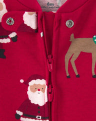 Baby Beige Santa Christmas 100% Cotton 2-Way Zip Sleep & Play Pajamas - Red