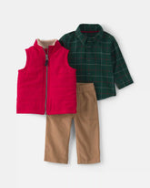 Baby Boy 3-Piece Plaid Twill Long-Sleeve Layering Set - Red/Green/Khaki