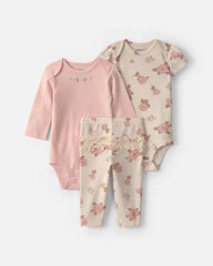 Baby Girl 3-Piece Floral Bodysuit & Pant Set - Pink/Ivory