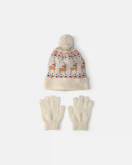Kids 2-Piece Fair Isle Christmas Beanie & Glove Set - Cream