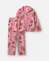 Girls 2-Piece Christmas Gingerbread Fleece Loose Fit Pajama Set - Pink