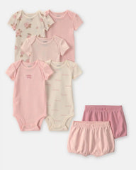 Baby Girl 7-Piece Bodysuits & Shorts Set - Pink/Ivory
