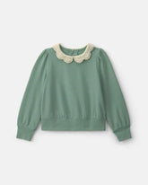 Girls Floral Collar French Terry Pullover Sweatshirt - Green
