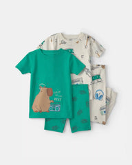 Toddler Boy Capybara 100% Cotton 4-Piece Pajama Set - Green/Ivory