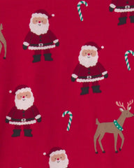 Kids 2-Piece Beige Santa Christmas 100% Cotton Snug Fit Pajama Set - Red