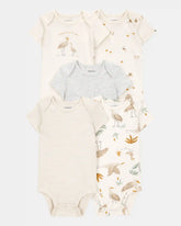 Baby 5-Pack Striped Birds Short-Sleeve Cotton Bodysuits - Ivory
