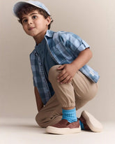 Toddler Boy Button-Down Short-Sleeve Shirt in Plaid - Blue