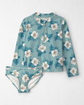 Girls 2-Piece Recycled Rashguard Swimsuit Set in Blue Hibiscus