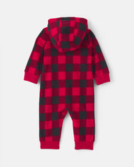 Baby Boy Buffalo Check Fleece Long-Sleeve Jumpsuit - Red/Black