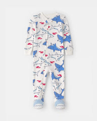 Baby Boy Shark 100% Cotton Snug Fit 1-Piece Pajama - Ivory/Blue