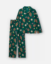 Adult 2-Piece Christmas Gingerbread Fleece Loose Fit Pajama Set - Green