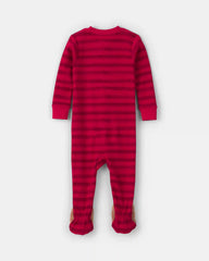 Baby 1-Piece Striped Reindeer 2-Way Zip 100% Cotton Snug Fit Footed Pajama - Red