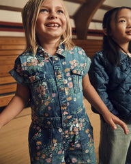 Girls Floral Denim Short-Sleeve Jumpsuit - Dark Wash