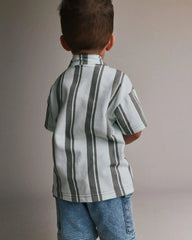 Toddler Boy Button-Down Short-Sleeve Shirt in Stripes - Light Blue/Sage
