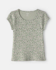 Girls Floral Ribbed Top - Green
