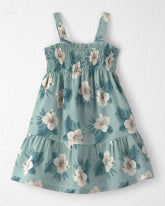Toddler Girl Smocked Linen Dress Made with Organic Cotton in Blue Hibiscus
