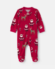 Baby Brown Santa Christmas 100% Cotton 2-Way Zip Sleep & Play Pajamas - Red