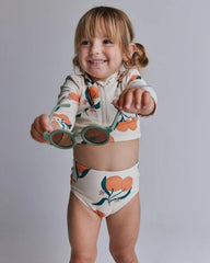 Toddler Girl Half-Zip Long-Sleeve Rashguard Set in Clementine Grove Print - Cream