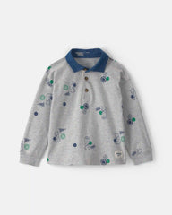 Toddler Boy Bear Long-Sleeve Polo Shirt - Grey
