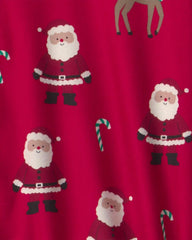 Adult 2-Piece Beige Santa Christmas Fleece Loose Fit Pajama Set - Red