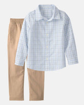 Boys 2-Piece Button-Down Shirt & Pant Set - Blue/Brown