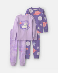 Toddler Girl 4-Piece Space Dog 100% Cotton Snug Fit Pajama Set - Purple