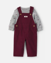 Baby Boy 2-Piece Holiday Corduroy Long-Sleeve Overall Set - Burgundy/Grey