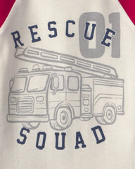 Toddler Boy 4-Piece 'Rescue Squad' 100% Cotton Snug Fit Pajama Set - Red/Cream
