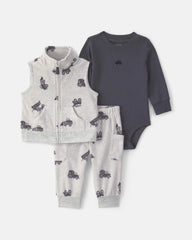 Baby Boy 3-Piece Construction Fleece Layering Set - Grey
