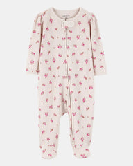 Baby Girl Floral 2-Way Zip Waffle Knit Sleep & Play Pajamas - Khaki
