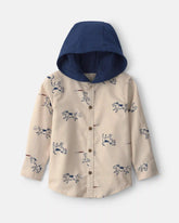 Toddler Boy Dog Long-Sleeve Button-Down Hooded Shirt - Cream/Navy Blue