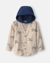 Toddler Boy Dog Long-Sleeve Button-Down Hooded Shirt - Cream/Navy Blue
