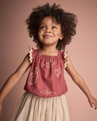 Toddler Girl Ruffle Peplum Top in Snack Print - Red