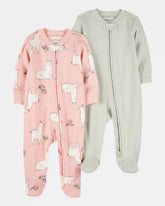 Baby Girl 2-Pack 2-Way Zip Cotton Sleep & Play Pajamas - Pink/Green