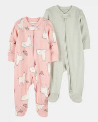 Baby Girl 2-Pack 2-Way Zip Cotton Sleep & Play Pajamas - Pink/Green