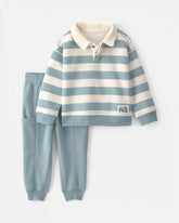 Toddler Boy 2-Piece Striped Fleece Henley Top & Pant Set - Blue/Cream
