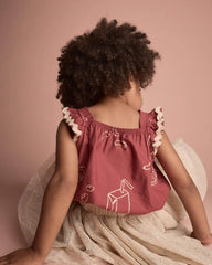 Toddler Girl Ruffle Peplum Top in Snack Print - Red
