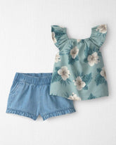 Baby Girl 2-Piece Chambray Top & Short Set Made with Organic Cotton in Blue Hibiscus