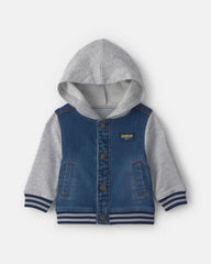 Baby Boy Varsity Hooded Denim Jacket - Indigo/Grey