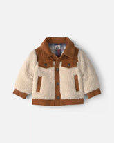 Baby Boy Color Block Teddy Fleece Jacket - Khaki/Cream