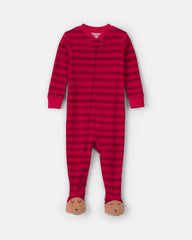 Baby 1-Piece Striped Reindeer 2-Way Zip 100% Cotton Snug Fit Footed Pajama - Red