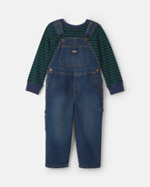 Toddler Boy 2-Piece Striped Denim Overall Set - Blue/Green