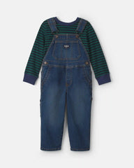 Toddler Boy 2-Piece Striped Denim Overall Set - Blue/Green
