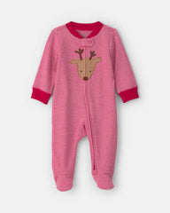 Baby Reindeer 100% Cotton 2-Way Zip Sleep & Play Pajamas - Red