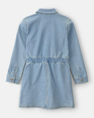 Girls Button-Front Long-Sleeve Denim Dress - Blue