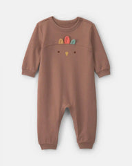 Baby Turkey Thanksgiving French Terry Long-Sleeve Jumpsuit - Brown