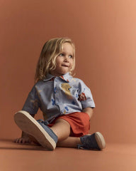 Toddler Boy Button-Down Short-Sleeve Shirt in Circus Print - Blue