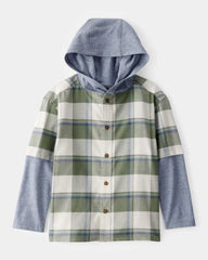 Boys Plaid Layered-Look Button-Down Hooded Tee - Green
