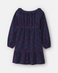 Girls Floral Corduroy Long-Sleeve Dress - Navy Blue