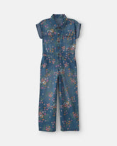 Girls Floral Denim Short-Sleeve Jumpsuit - Dark Wash